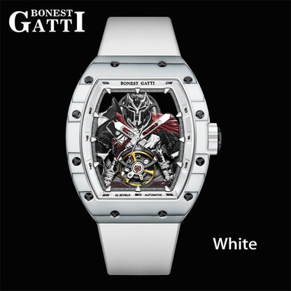 BONEST GATTI Automatic Tonneau Watch Spartan Warrior Series Carbon Fiber Skeleton Self Wind Movement Sapphire Crystal Luminous Watch BG9009