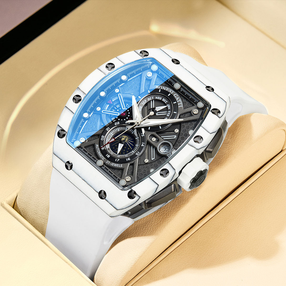 BONEST GATTI Automatic Tonneau Watch Carbon Fiber Month Week Date Display Skeleton Self Wind Movement Sapphire Crystal Luminous Watch BG9007