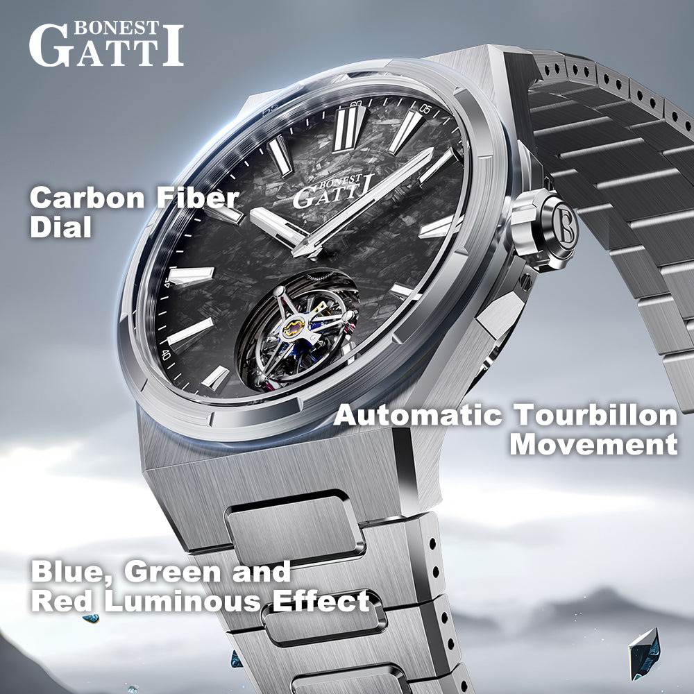 BONEST GATTI Carbon Fiber Luminous Dial Automatic Tourbillon Watch Self Wind Sapphire Crystal Men Watch BG7006