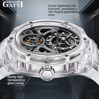 BONEST GATTI  Transparent Case Dodecagon Bezel Automatic Skeleton Movement Round Shaped Fluororubber Strap Watch BG5807