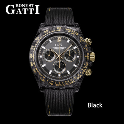 BONEST GATTI Carbon Fiber Automatic Chronograph Watch Self Wind Sapphire Crystal Luminous Waterproof Men Watch BG9010