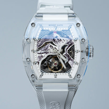BONEST GATTI Carbon fiber + Aluminum alloy Case Barrel shaped road of climb 3D Mountain climber pattern Skeleton Movement Sapphire Crystal Watch BG9002