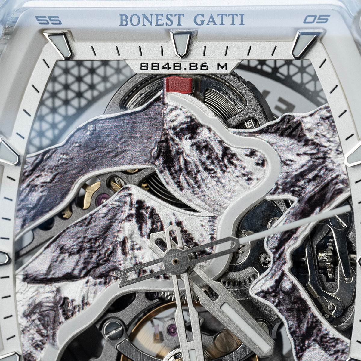 BONEST GATTI Carbon fiber + Aluminum alloy Case Barrel shaped road of climb 3D Mountain climber pattern Skeleton Movement Sapphire Crystal Watch BG9002