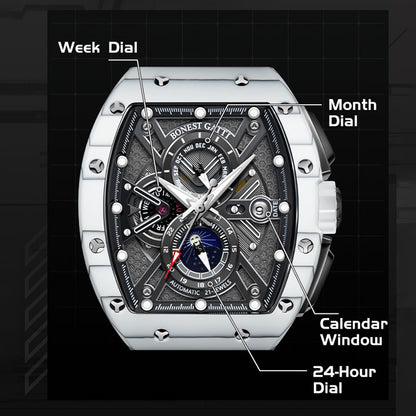 BONEST GATTI Automatic Tonneau Watch Carbon Fiber Month Week Date Display Skeleton Self Wind Movement Sapphire Crystal Luminous Watch BG9007