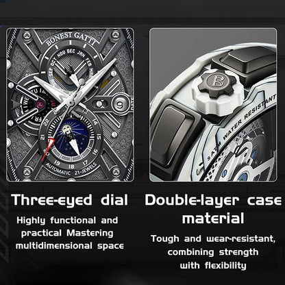 BONEST GATTI Automatic Tonneau Watch Carbon Fiber Month Week Date Display Skeleton Self Wind Movement Sapphire Crystal Luminous Watch BG9007