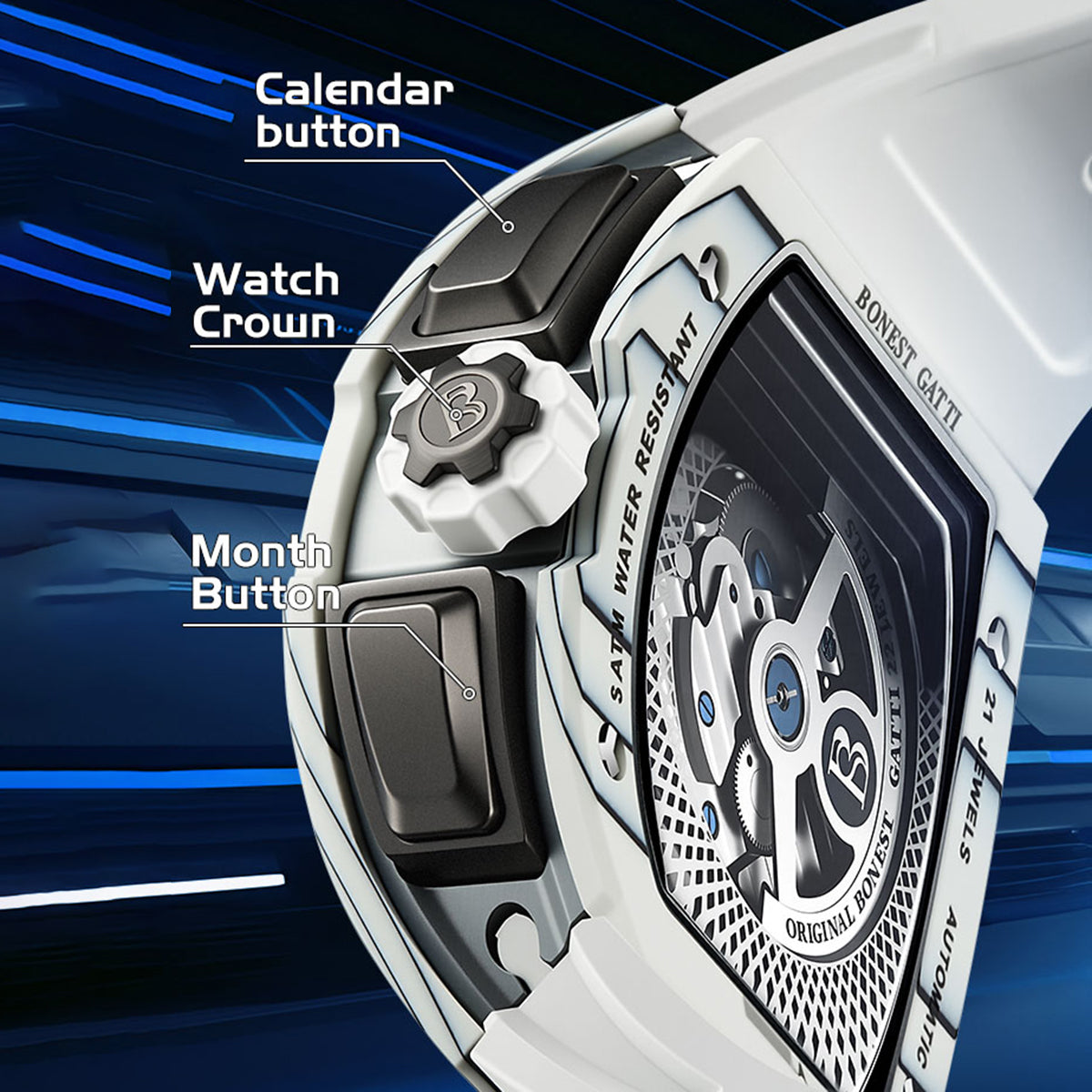 BONEST GATTI Automatic Tonneau Watch Carbon Fiber Month Week Date Display Skeleton Self Wind Movement Sapphire Crystal Luminous Watch BG9007