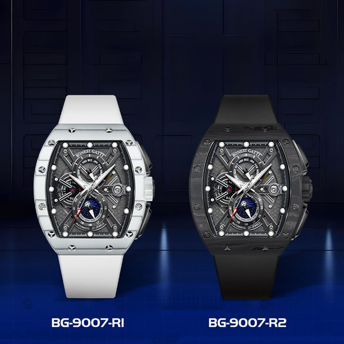 BONEST GATTI Automatic Tonneau Watch Carbon Fiber Month Week Date Display Skeleton Self Wind Movement Sapphire Crystal Luminous Watch BG9007