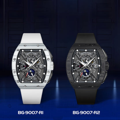 BONEST GATTI Automatic Tonneau Watch Carbon Fiber Month Week Date Display Skeleton Self Wind Movement Sapphire Crystal Luminous Watch BG9007