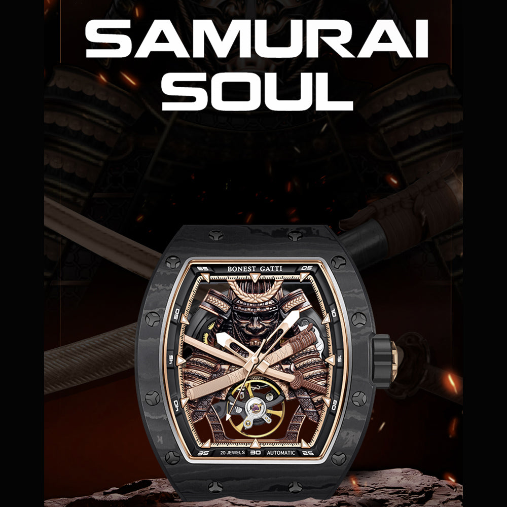 BONEST GATTI Automatic Tonneau Watch Phantom Black Warrior Dial Carbon Fiber Skeleton Self Wind Movement Sapphire Crystal Luminous Watch BG9008