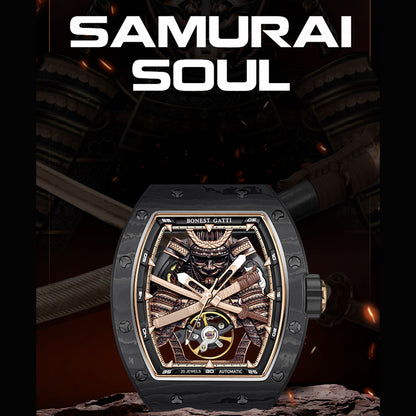 BONEST GATTI Automatic Tonneau Watch Phantom Black Warrior Dial Carbon Fiber Skeleton Self Wind Movement Sapphire Crystal Luminous Watch BG9008