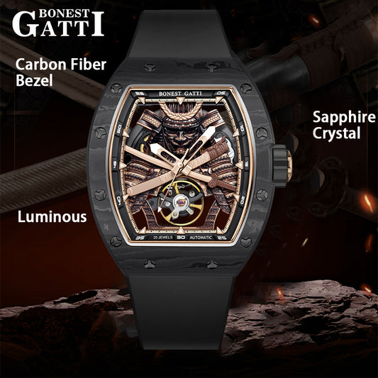 BONEST GATTI Automatic Tonneau Watch Phantom Black Warrior Dial Carbon Fiber Skeleton Self Wind Movement Sapphire Crystal Luminous Watch BG9008