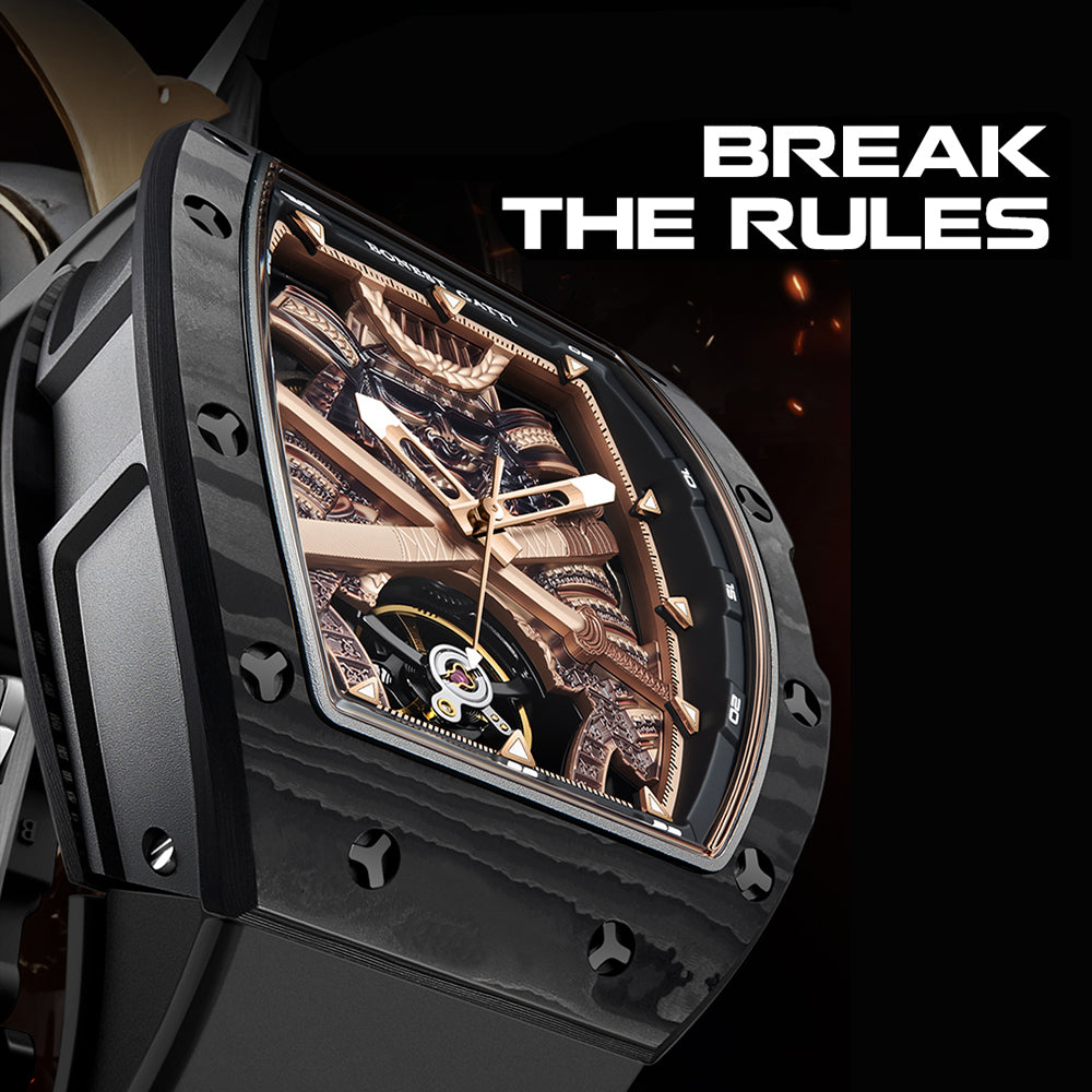 BONEST GATTI Automatic Tonneau Watch Phantom Black Warrior Dial Carbon Fiber Skeleton Self Wind Movement Sapphire Crystal Luminous Watch BG9008