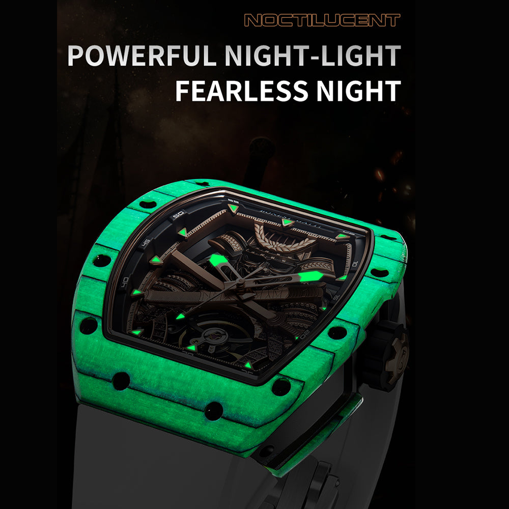 BONEST GATTI Automatic Tonneau Watch Phantom Black Warrior Dial Carbon Fiber Skeleton Self Wind Movement Sapphire Crystal Luminous Watch BG9008