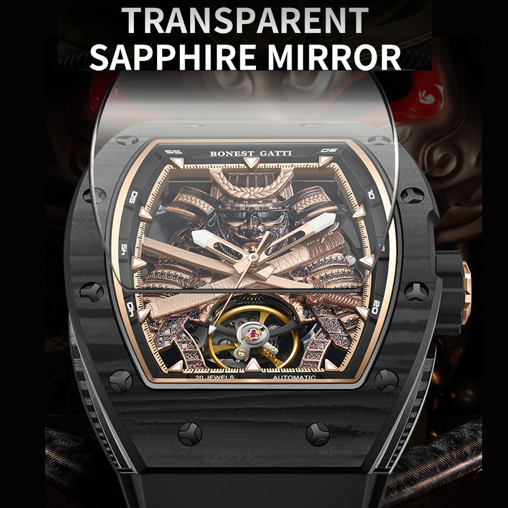 BONEST GATTI Automatic Tonneau Watch Phantom Black Warrior Dial Carbon Fiber Skeleton Self Wind Movement Sapphire Crystal Luminous Watch BG9008