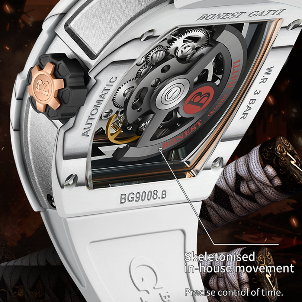 BONEST GATTI Automatic Tonneau Watch Phantom Black Warrior Dial Carbon Fiber Skeleton Self Wind Movement Sapphire Crystal Luminous Watch BG9008