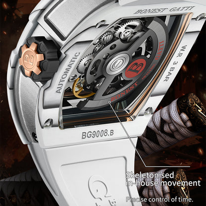 BONEST GATTI Automatic Tonneau Watch Phantom Black Warrior Dial Carbon Fiber Skeleton Self Wind Movement Sapphire Crystal Luminous Watch BG9008