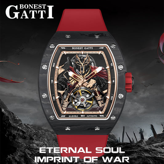 BONEST GATTI Automatic Tonneau Watch Spartan Warrior Series Carbon Fiber Skeleton Self Wind Movement Sapphire Crystal Luminous Watch BG9009
