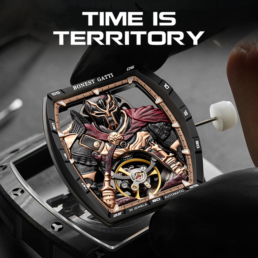 BONEST GATTI Automatic Tonneau Watch Spartan Warrior Series Carbon Fiber Skeleton Self Wind Movement Sapphire Crystal Luminous Watch BG9009