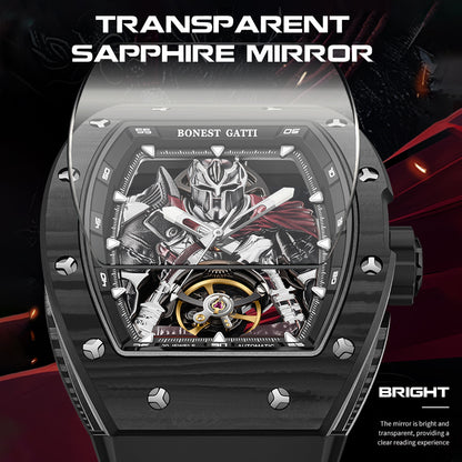 BONEST GATTI Automatic Tonneau Watch Spartan Warrior Series Carbon Fiber Skeleton Self Wind Movement Sapphire Crystal Luminous Watch BG9009