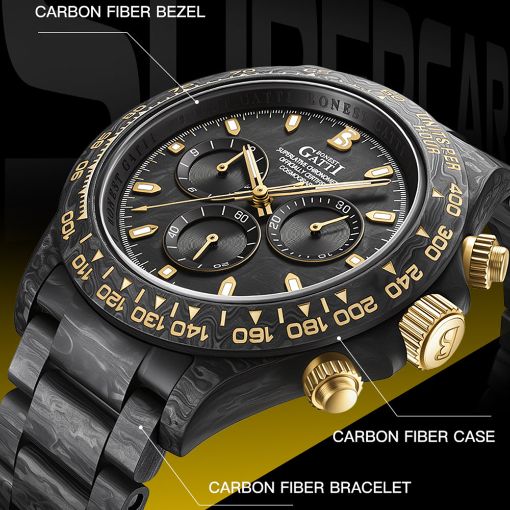 BONEST GATTI Full Carbon Fiber Automatic Chronograph Men Watch BG9012