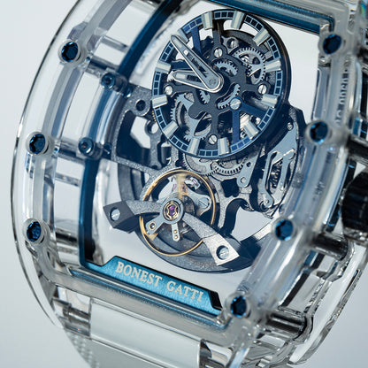 BONEST GATTI Barrel shaped K9 Crystal case Skeleton Movement Fluororubber Strap Watch Luminous BG9960