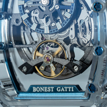 BONEST GATTI Barrel shaped K9 Crystal case Skeleton Movement Fluororubber Strap Watch Luminous BG9960