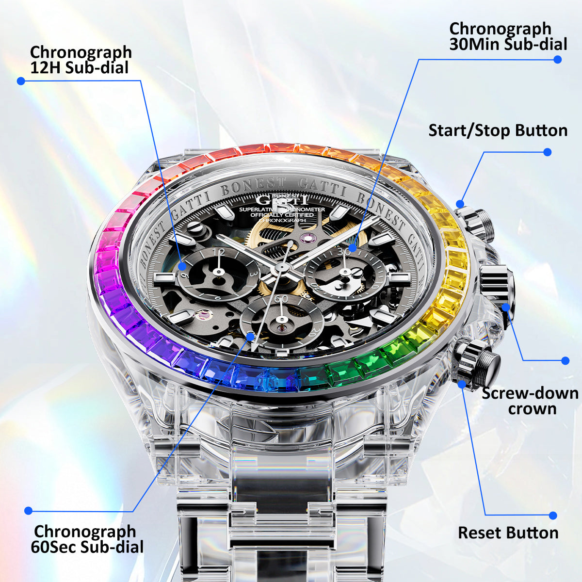 BONEST GATTI K9 Cryatal Case Strap Automatic Chronograph Watch BG6009