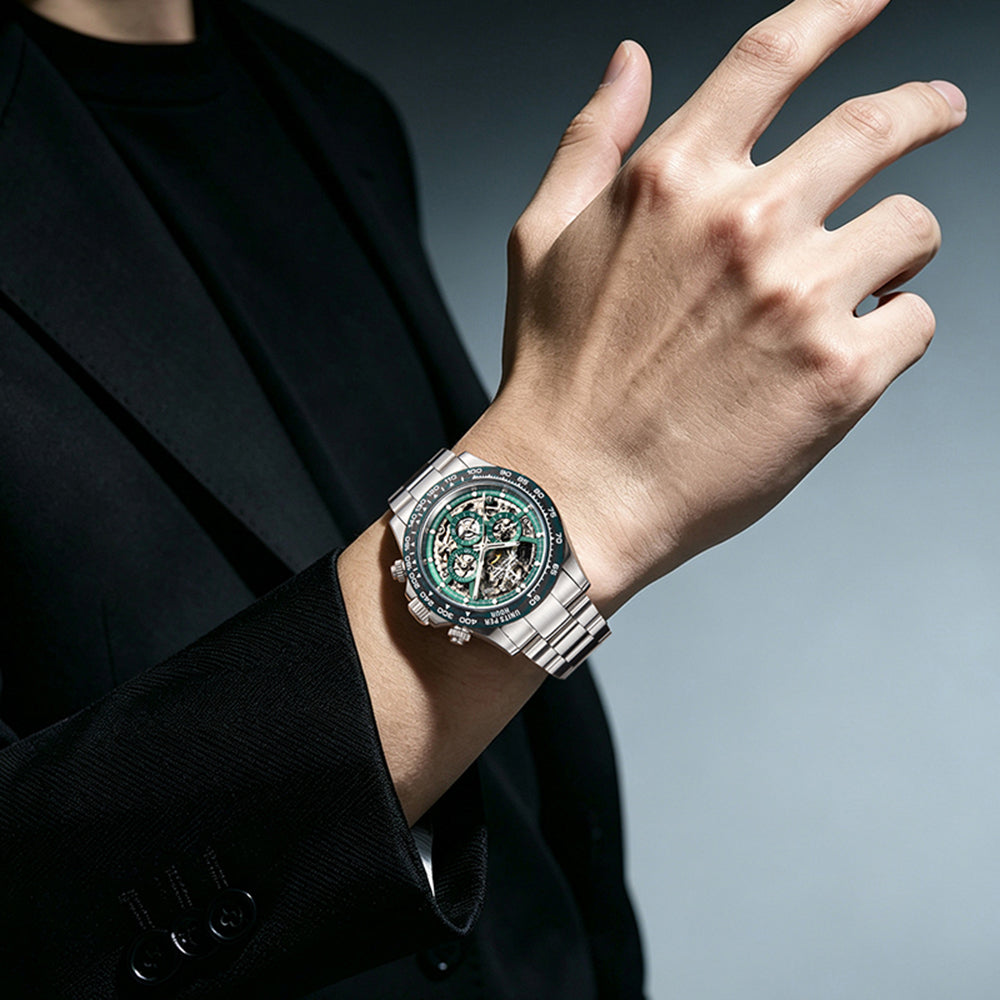 BONEST GATTI Carbon Fiber Bezel Skeleton Automatic Chronograph Watch BG8019