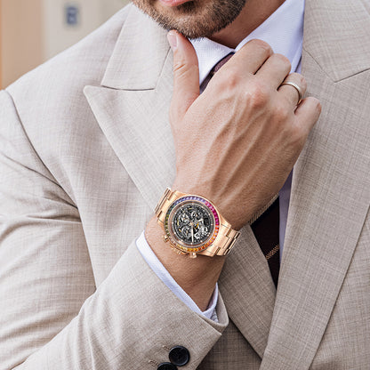 BONEST GATTI Gradient Gemstone Bezel Skeleton Automatic Chronograph Watch BG8018
