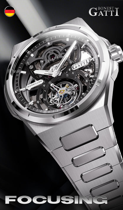 BONEST GATTI Automatic Tourbillon Watch Skeleton Self Wind 80H Power Reserve Sapphire Crystal Luminous Watch BG7004