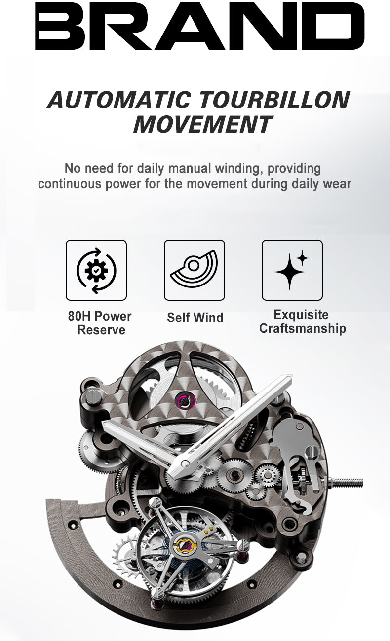 BONEST GATTI Automatic Tourbillon Watch Skeleton Self Wind 80H Power Reserve Sapphire Crystal Luminous Watch BG7004