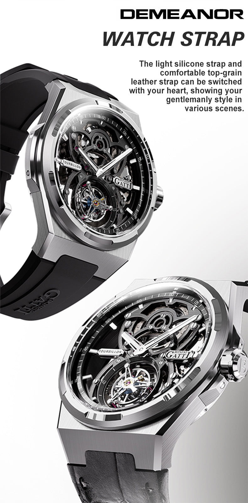 BONEST GATTI Automatic Tourbillon Watch Skeleton Self Wind 80H Power Reserve Sapphire Crystal Luminous Watch BG7004