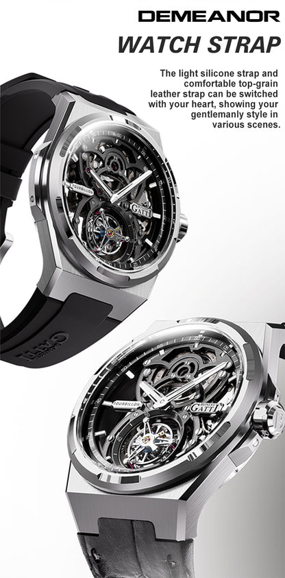 BONEST GATTI Automatic Tourbillon Watch Skeleton Self Wind 80H Power Reserve Sapphire Crystal Luminous Watch BG7004