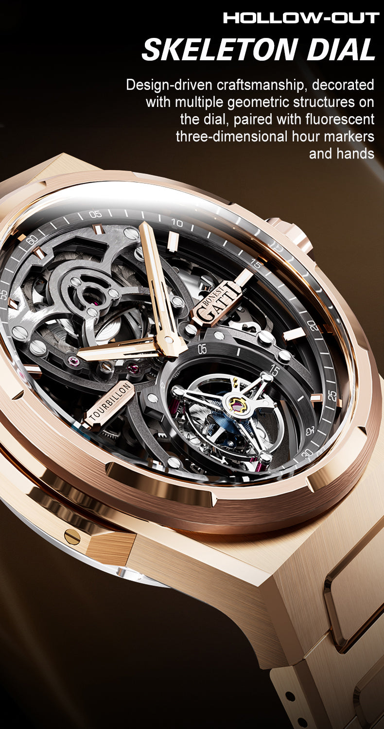 BONEST GATTI Automatic Tourbillon Watch Skeleton Self Wind 80H Power Reserve Sapphire Crystal Luminous Watch BG7004
