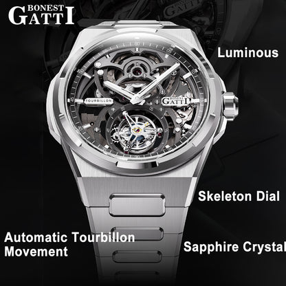 BONEST GATTI Automatic Tourbillon Watch Skeleton Self Wind 80H Power Reserve Sapphire Crystal Luminous Watch BG7004