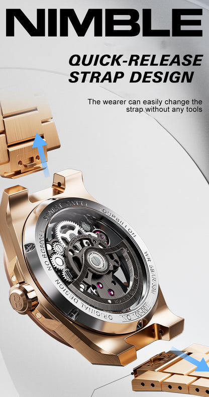 BONEST GATTI Automatic Tourbillon Watch Skeleton Self Wind 80H Power Reserve Sapphire Crystal Luminous Watch BG7004