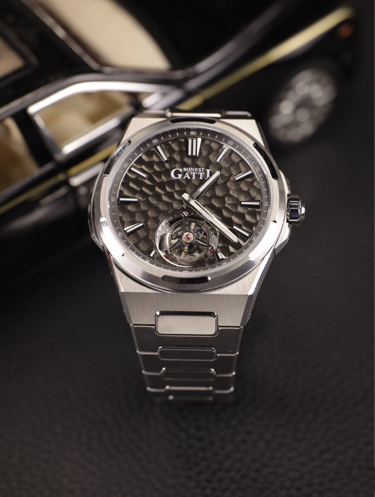 BONEST GATTI Hammer Pattern Automatic Tourbillon Watch Self Wind 80H Power Reserve Sapphire Crystal Luminous Watch BG7005