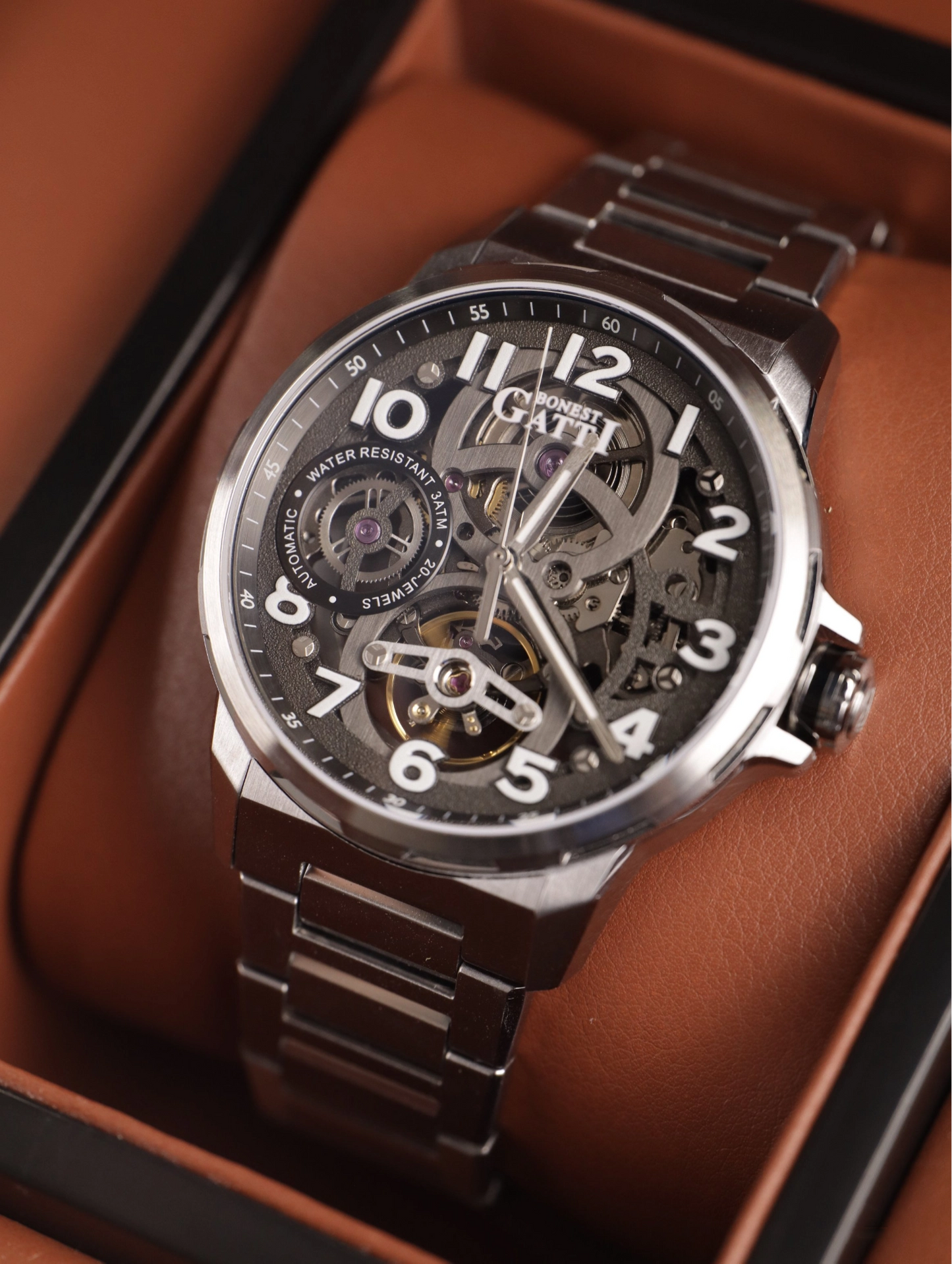 BONEST GATTI Automatic Skeleton Watch Self Wind Movement Sapphire Crystal Luminous Watch BG8010