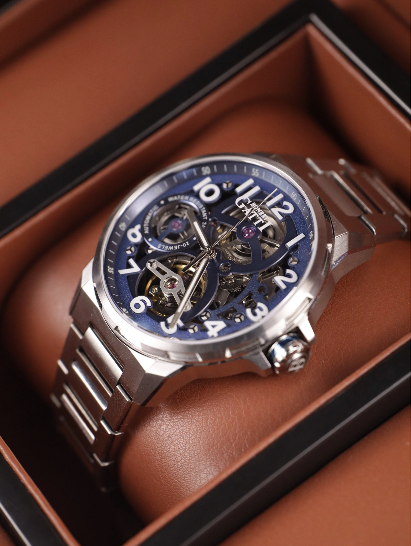 BONEST GATTI Automatic Skeleton Watch Self Wind Movement Sapphire Crystal Luminous Watch BG8010