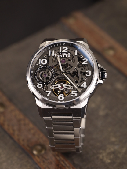 BONEST GATTI Automatic Skeleton Watch Self Wind Movement Sapphire Crystal Luminous Watch BG8010