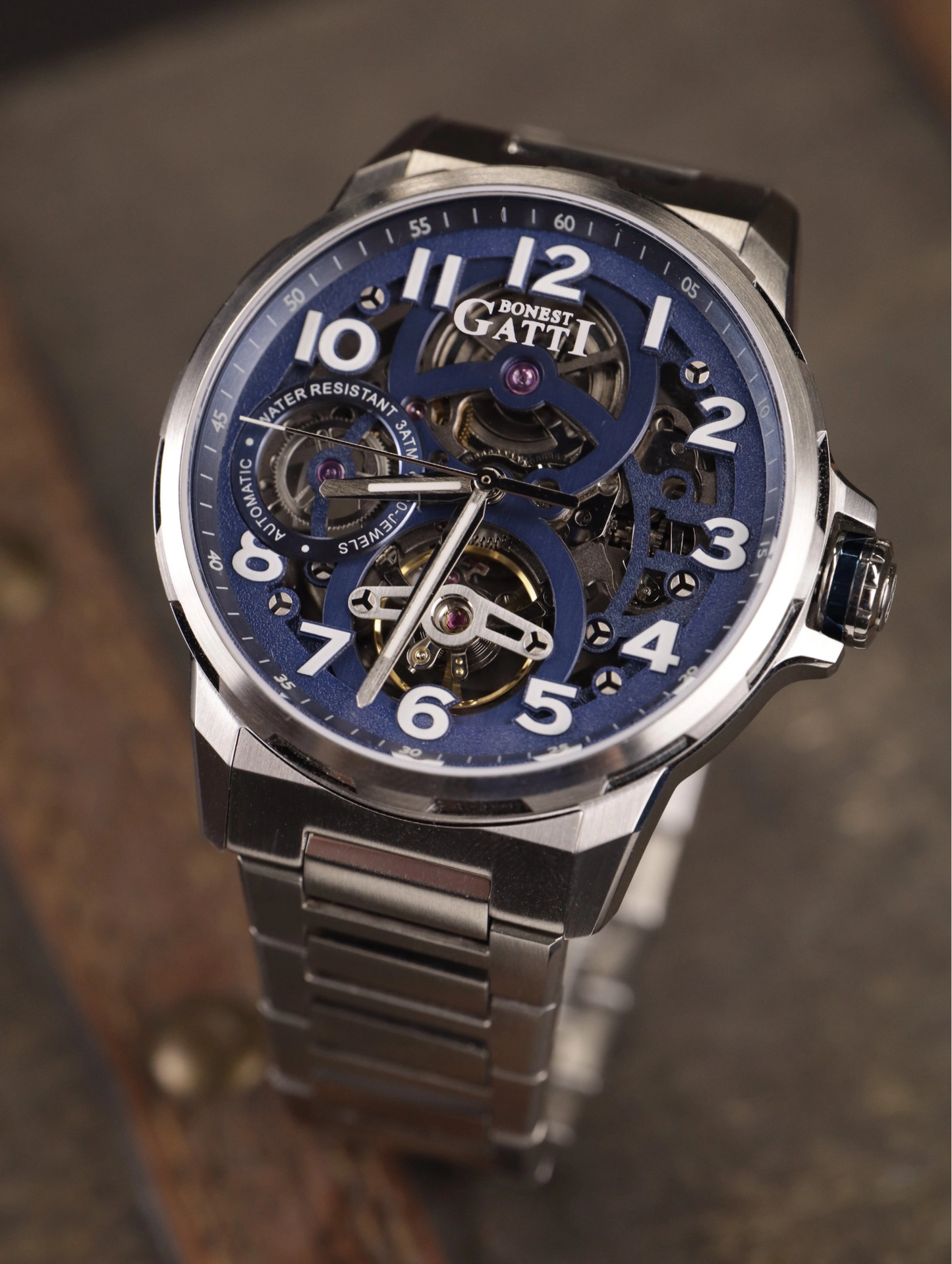 BONEST GATTI Automatic Skeleton Watch Self Wind Movement Sapphire Crystal Luminous Watch BG8010