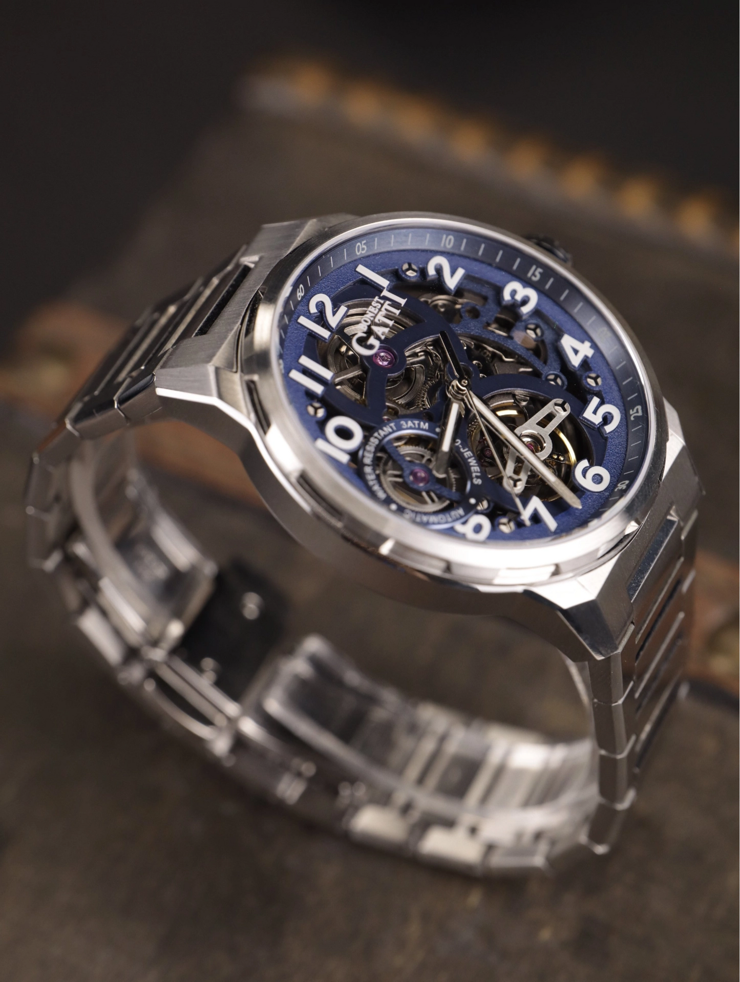 BONEST GATTI Automatic Skeleton Watch Self Wind Movement Sapphire Crystal Luminous Watch BG8010