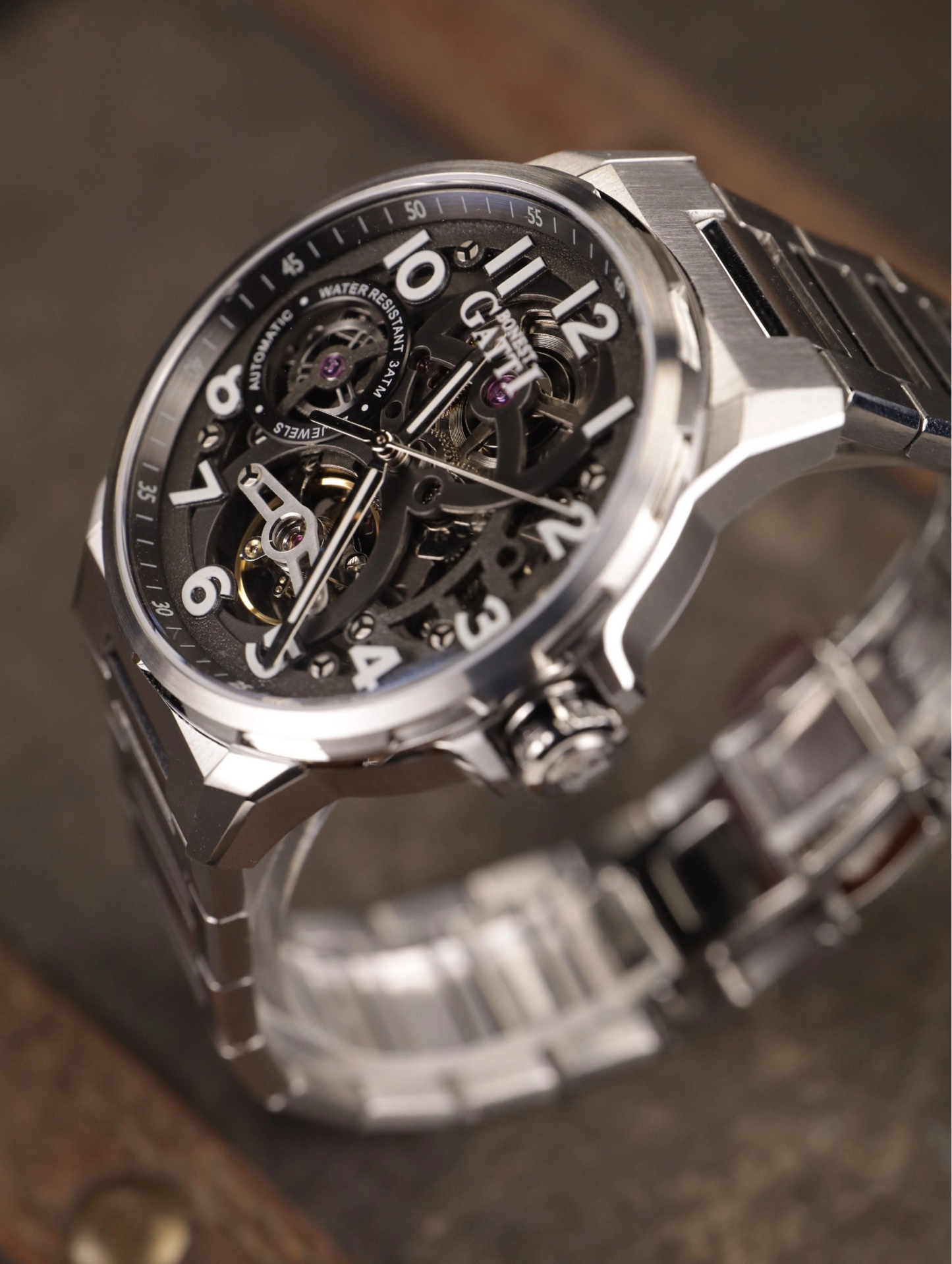 BONEST GATTI Automatic Skeleton Watch Self Wind Movement Sapphire Crystal Luminous Watch BG8010