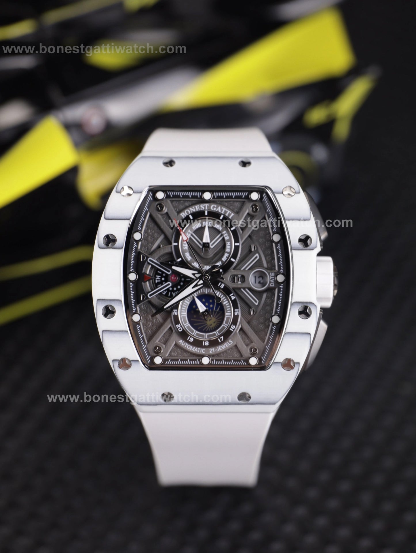 BONEST GATTI Automatic Tonneau Watch Carbon Fiber Month Week Date Display Skeleton Self Wind Movement Sapphire Crystal Luminous Watch BG9007