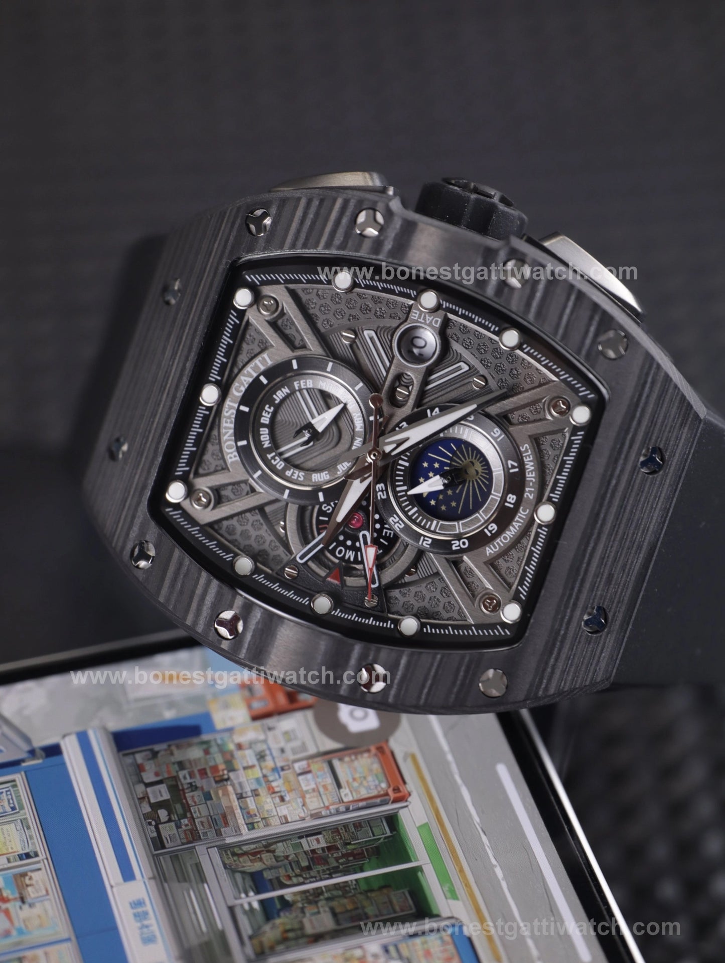 BONEST GATTI Automatic Tonneau Watch Carbon Fiber Month Week Date Display Skeleton Self Wind Movement Sapphire Crystal Luminous Watch BG9007