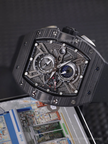 BONEST GATTI Automatic Tonneau Watch Carbon Fiber Month Week Date Display Skeleton Self Wind Movement Sapphire Crystal Luminous Watch BG9007