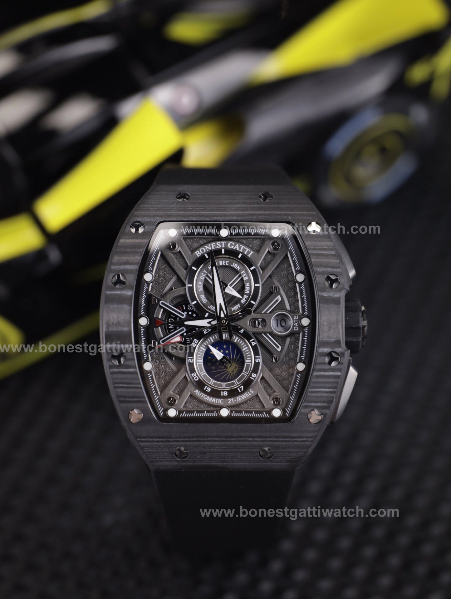 BONEST GATTI Automatic Tonneau Watch Carbon Fiber Month Week Date Display Skeleton Self Wind Movement Sapphire Crystal Luminous Watch BG9007