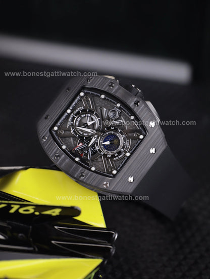 BONEST GATTI Automatic Tonneau Watch Carbon Fiber Month Week Date Display Skeleton Self Wind Movement Sapphire Crystal Luminous Watch BG9007