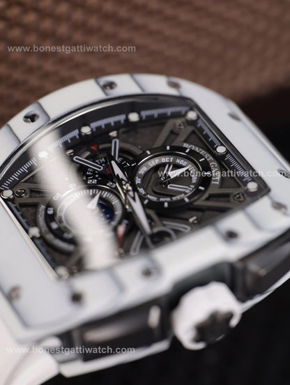 BONEST GATTI Automatic Tonneau Watch Carbon Fiber Month Week Date Display Skeleton Self Wind Movement Sapphire Crystal Luminous Watch BG9007