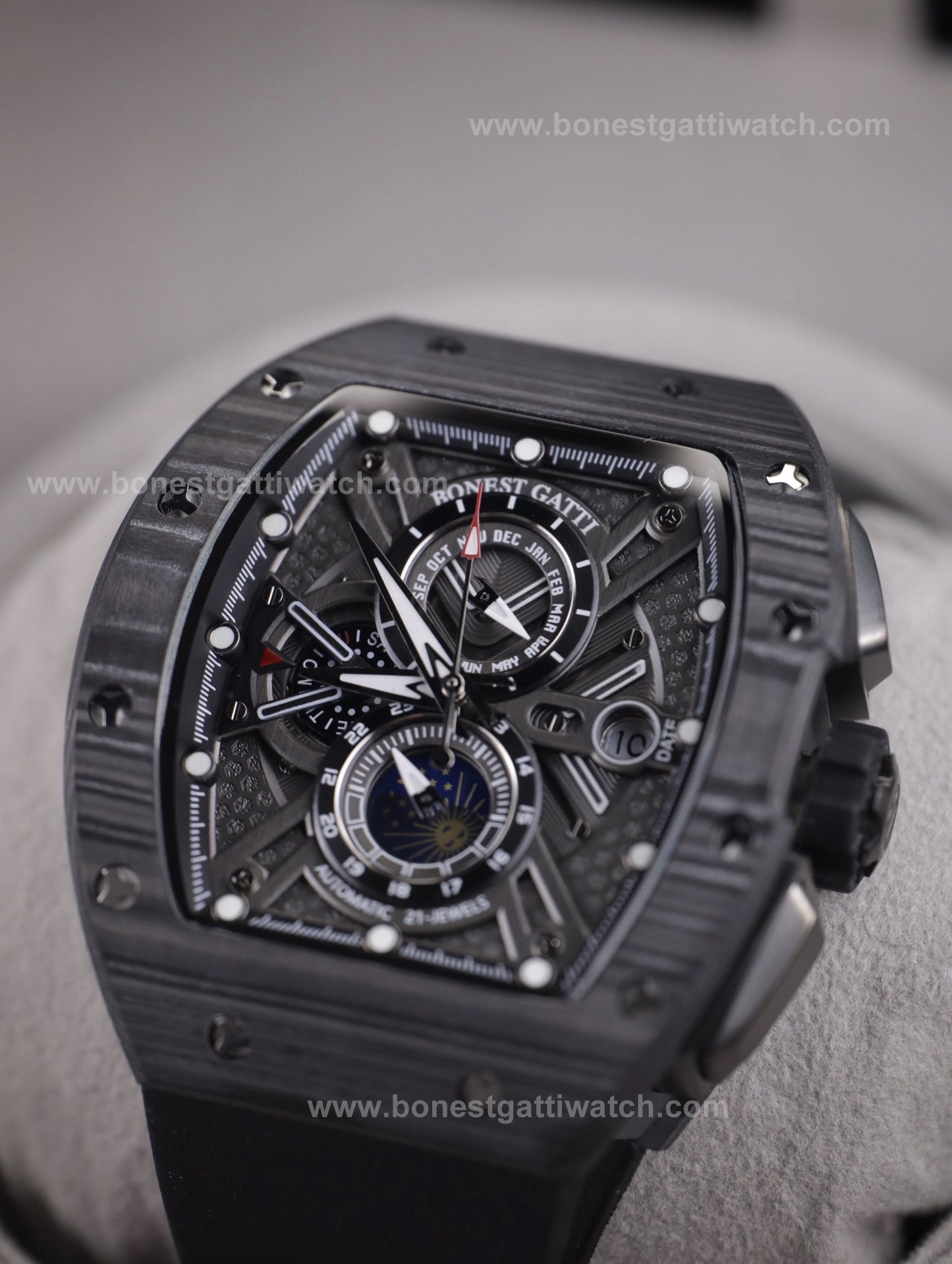 BONEST GATTI Automatic Tonneau Watch Carbon Fiber Month Week Date Display Skeleton Self Wind Movement Sapphire Crystal Luminous Watch BG9007